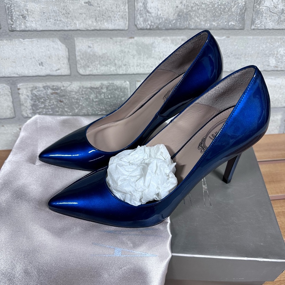 SCARBINA Lebanese Luxury Brand Blue Patent Heels Size 37 - New with Original Box